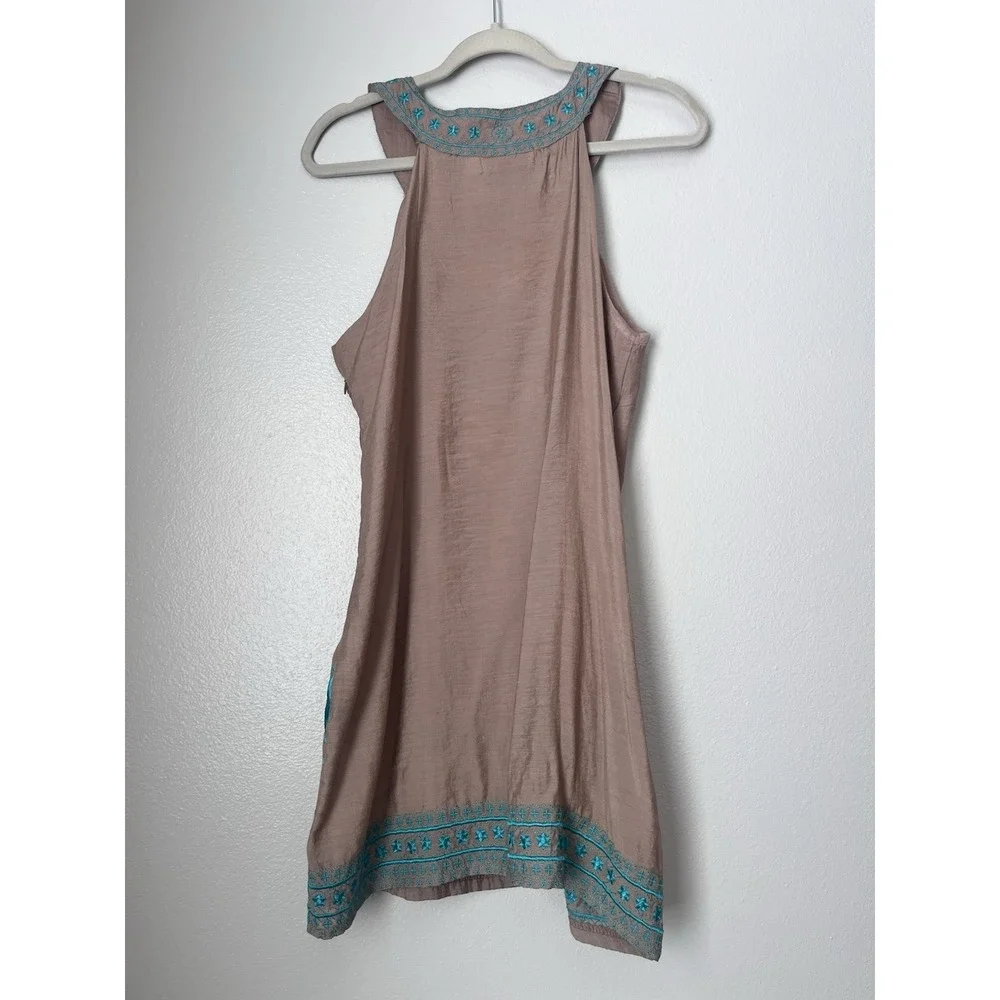 Urban Mangoz Women's M Sleeveless Dress Tan Turquoise Embroidered Casual Tunic - Picture 2 of 8
